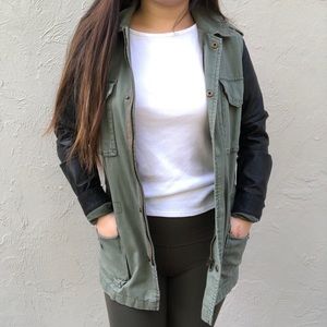 Military Green Jacket With Black Leather Sleeves
